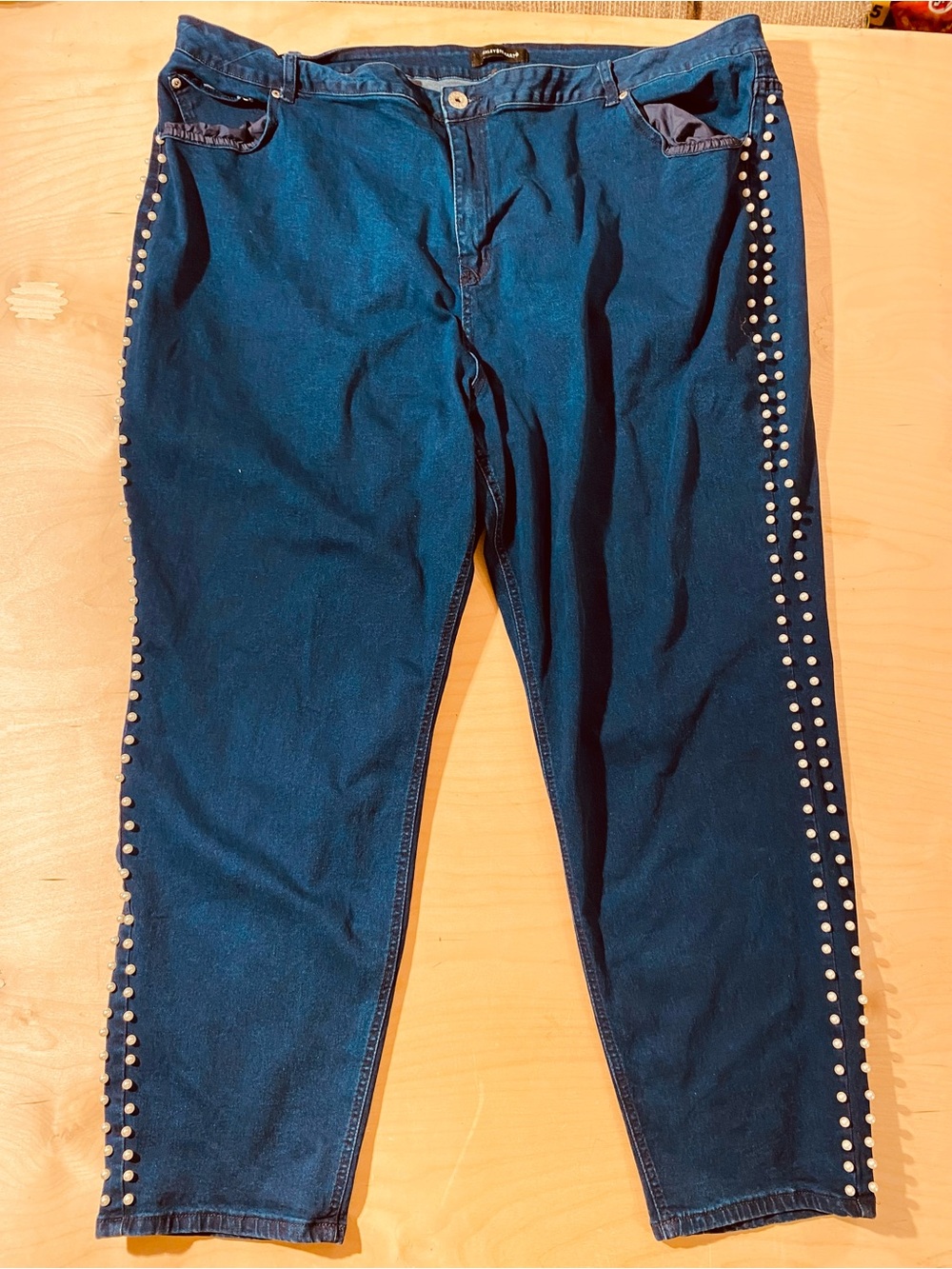 Ashley Stewart Dark Blue Skinny Jeans with Pearl Side Studs 32 (SY)